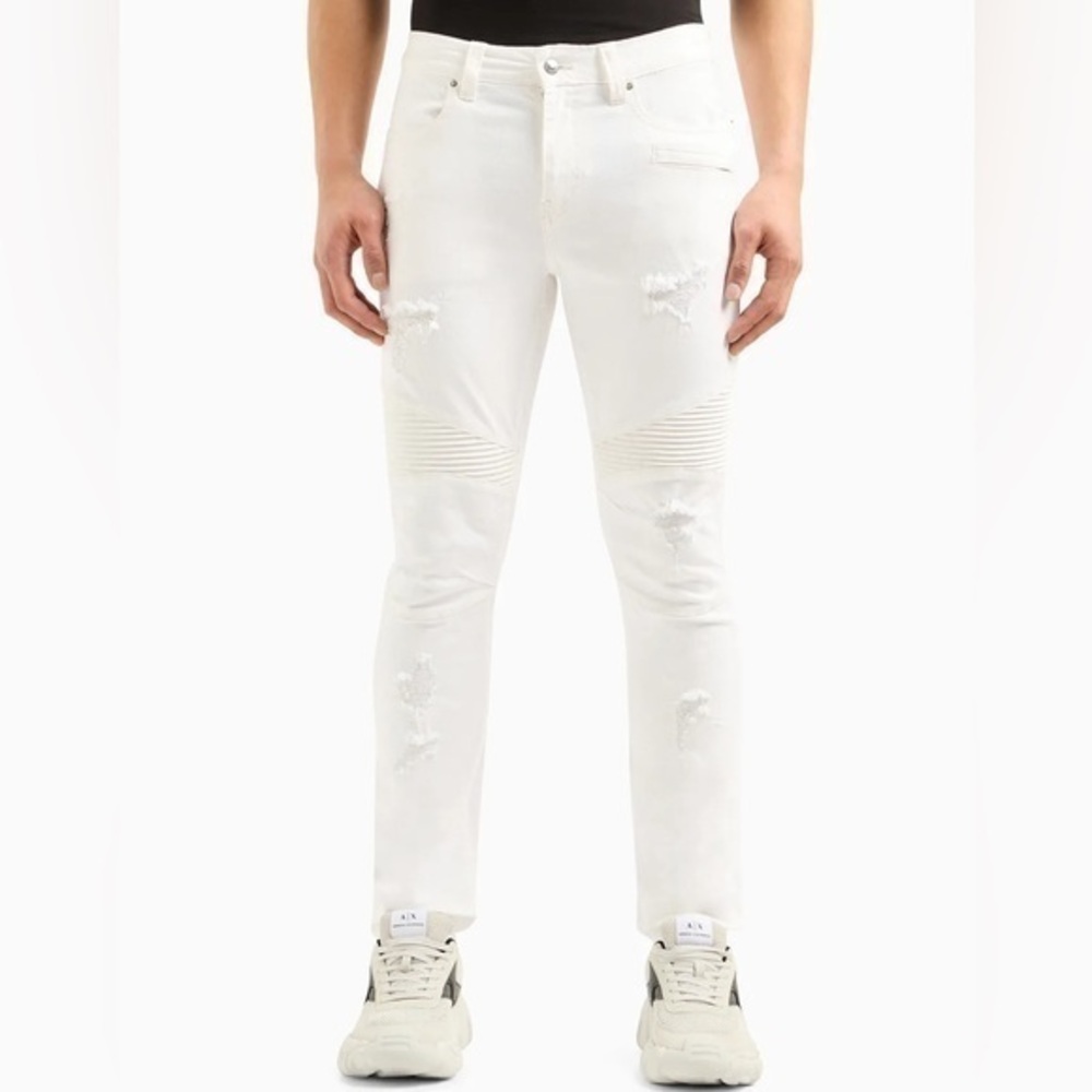 🅽🅴🆆 Armani Exchange skinny biker distressed white jeans, size 27